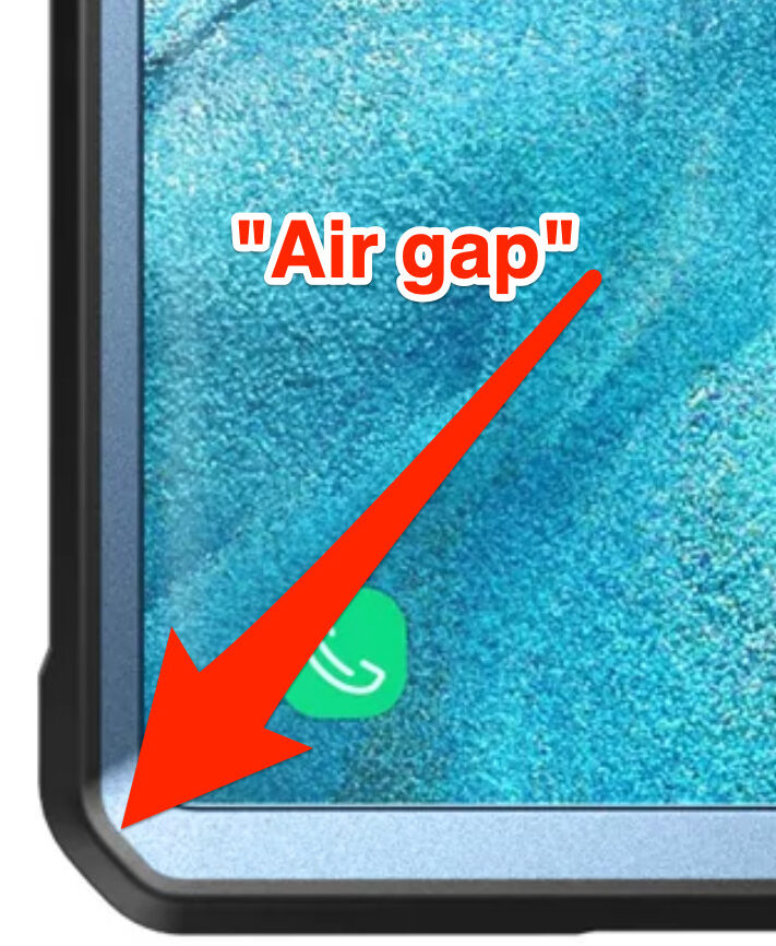 Close-up of the corner of the phone case emphasizing the air gap between the rigid inner frame and outer rubber case.